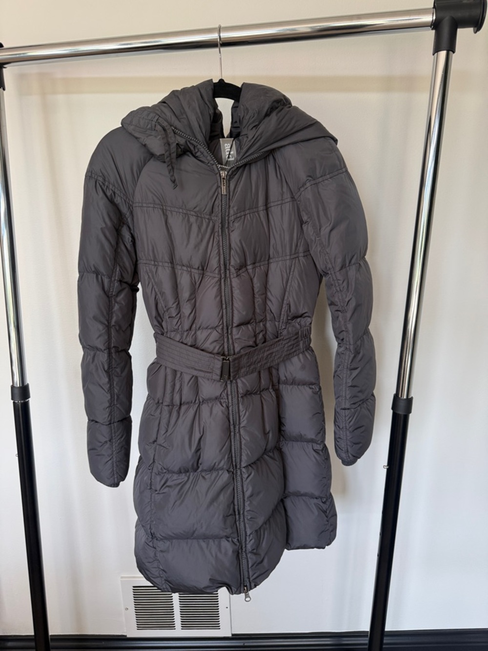 Add Down Women's Gray Hooded Quilted Belted Puffer Coat